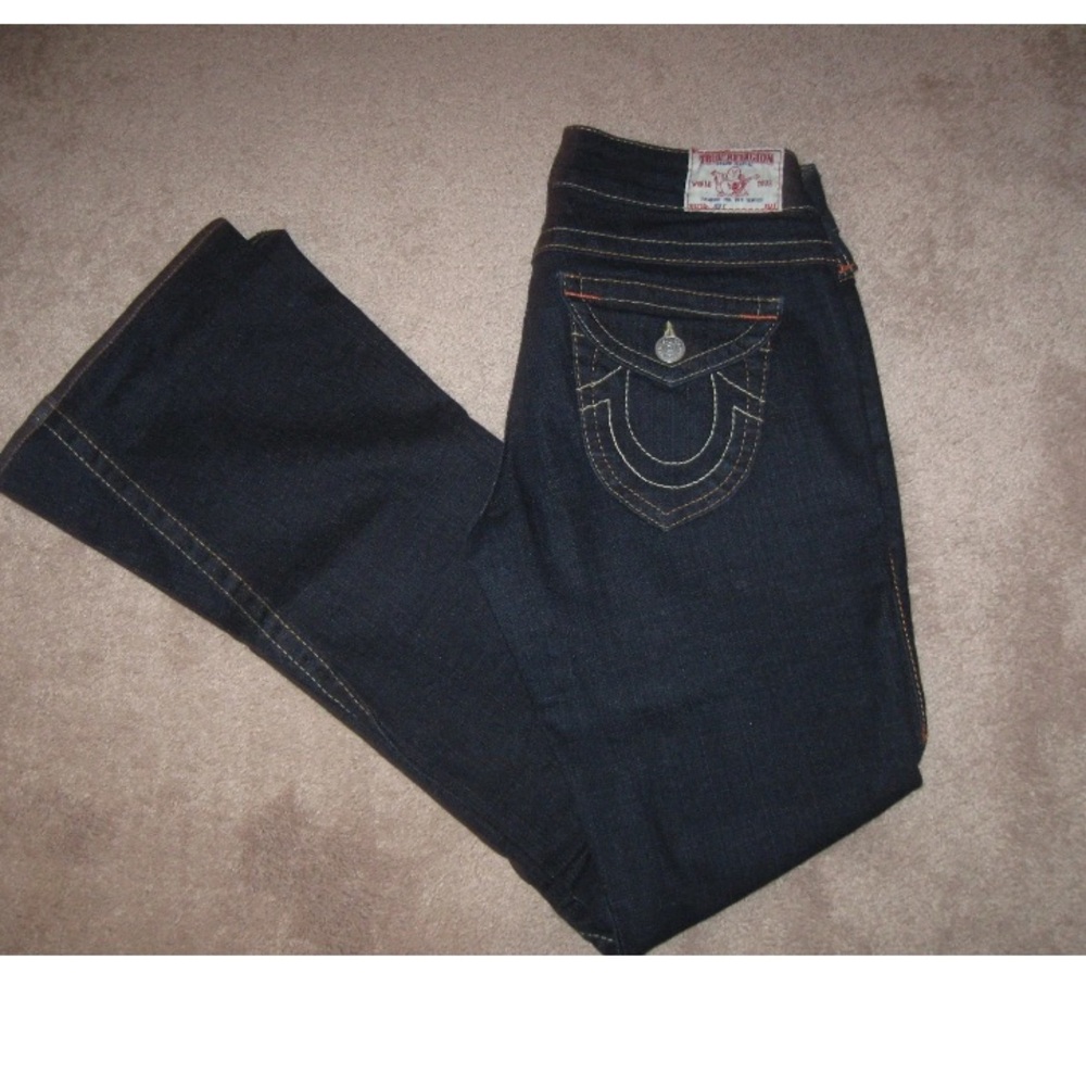 True Religion Joey Flares, Dark Wash, EUC Size 28